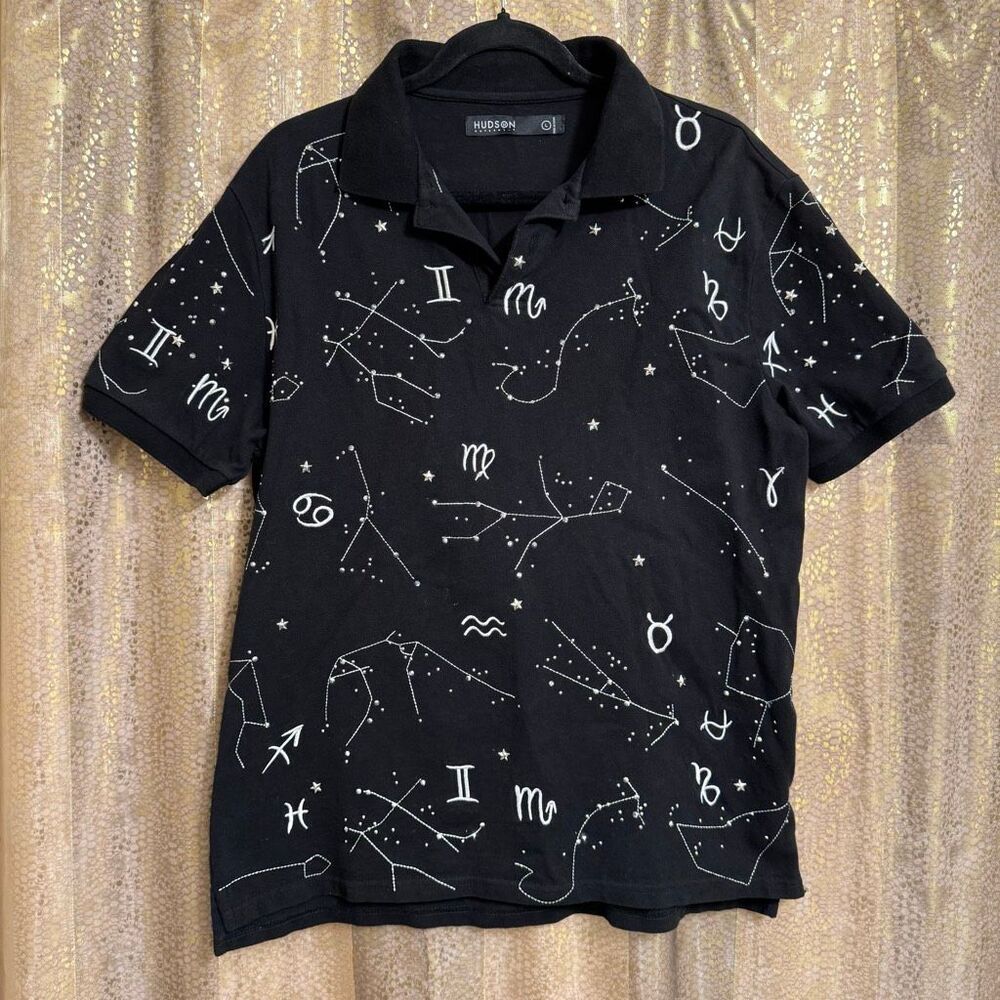 Hudson Outerwear Men's Black Celestial Zodiac Stars Polo Shirt Large